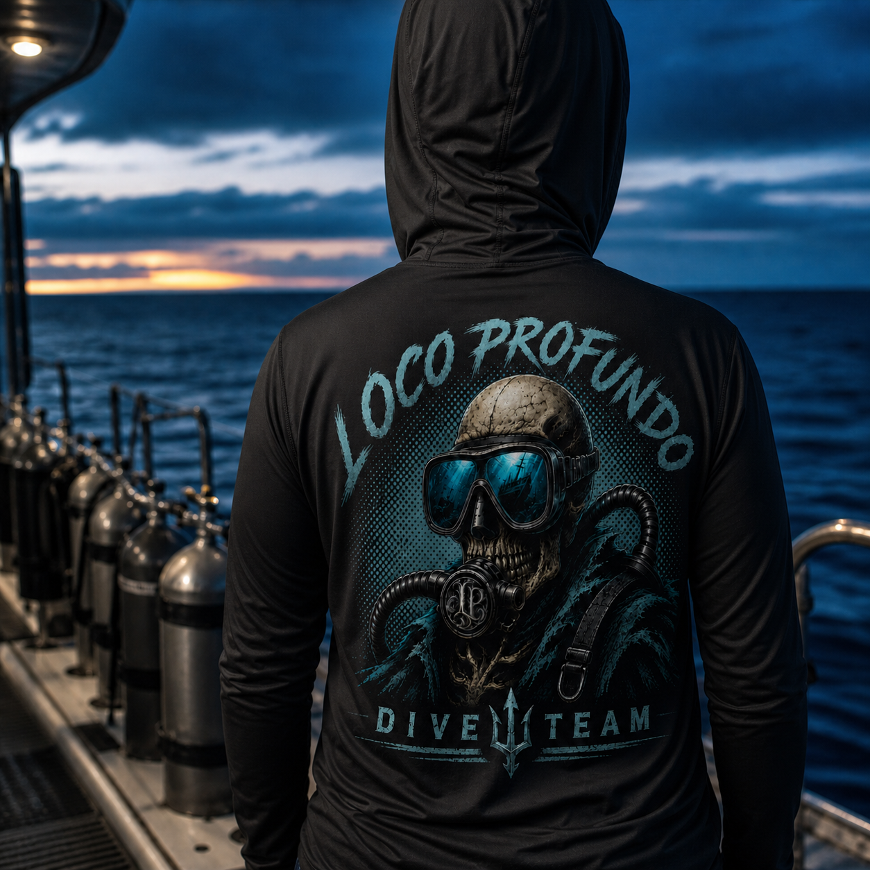 Loco Profundo back artwork in a dive-boat scene