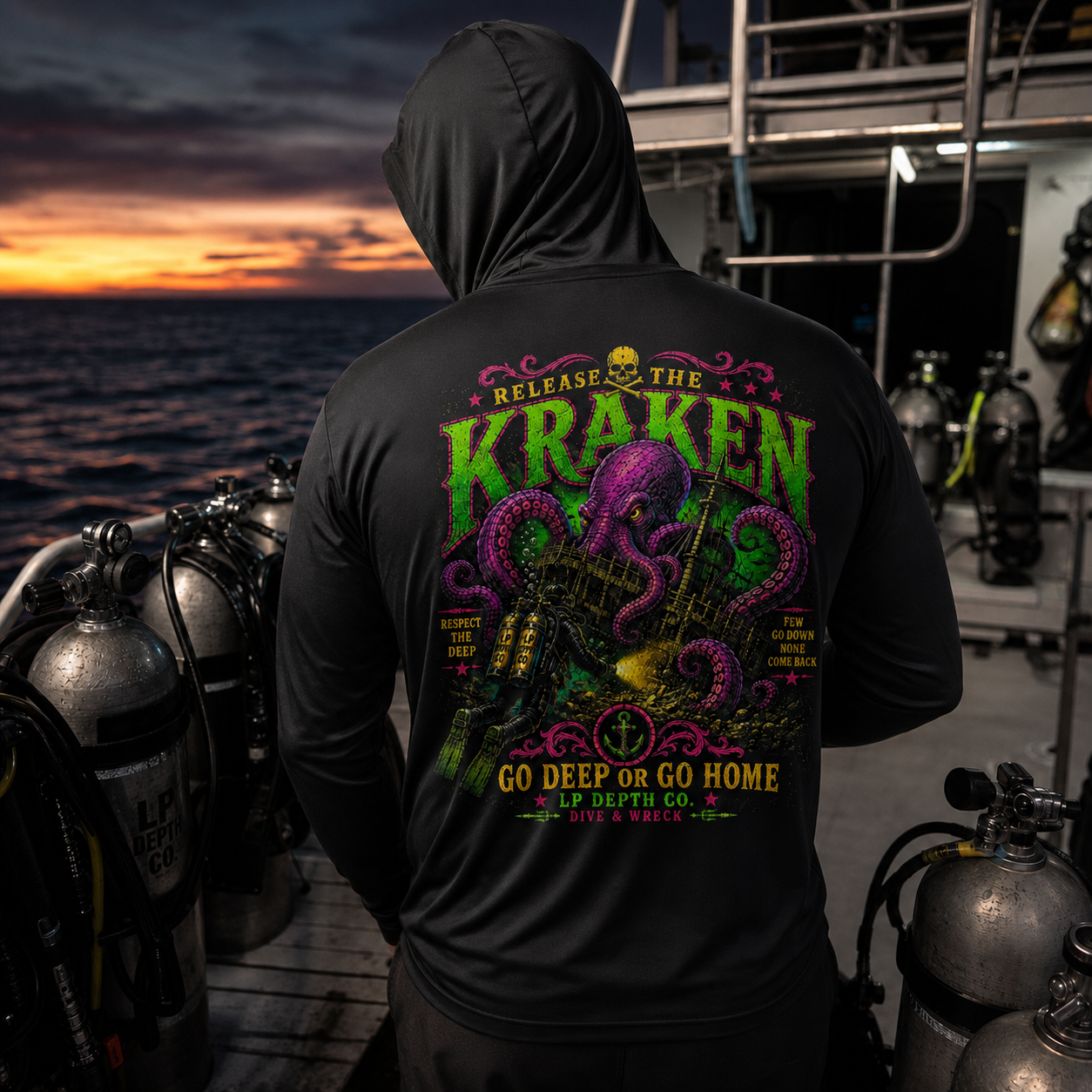 Other Designs back artwork in a dive-boat scene